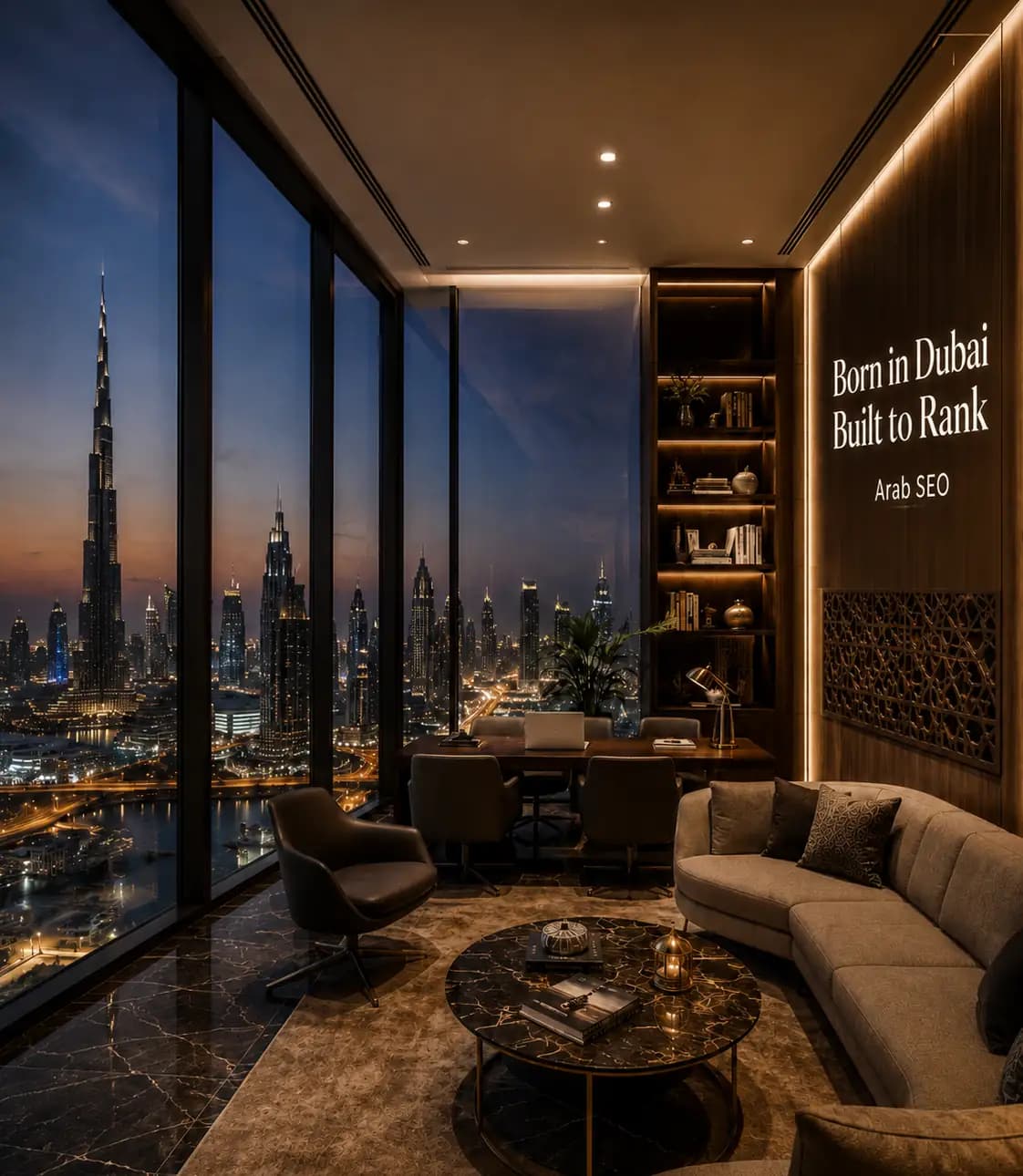 Arab SEO office lounge with a Born in Dubai, Built to Rank sign, overlooking Burj Khalifa and the Dubai skyline at dusk